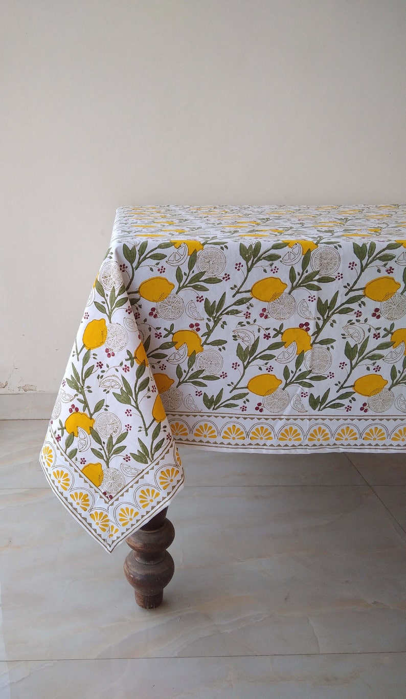 Lemon And Green Leaf Table Cloth, Block Print Table Cover, Indian Table Linen, Dinning Tablecloth, Rectangle Tablecloth, Gift For New Home image 2