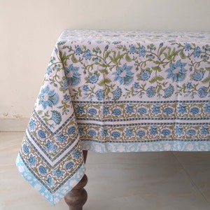 Floral Design Table Cloth, Block Print Tablecloth, Handmade Tablecloth, Cotton Table Linen, Farmhouse Table Cover, Rectangle Table Cloth