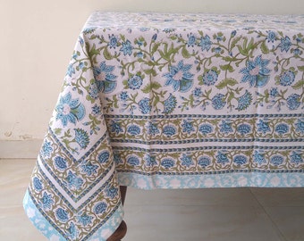 Floral Design Table Cloth, Block Print Tablecloth, Handmade Tablecloth, Cotton Table Linen, Farmhouse Table Cover, Rectangle Table Cloth