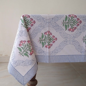 Floral Cotton Table Cover, Hand Block Printed Tablecloth, Dinning Tablecloth, Indian Table Linen, Handmade Tablecloth, Rectangle Table Cloth