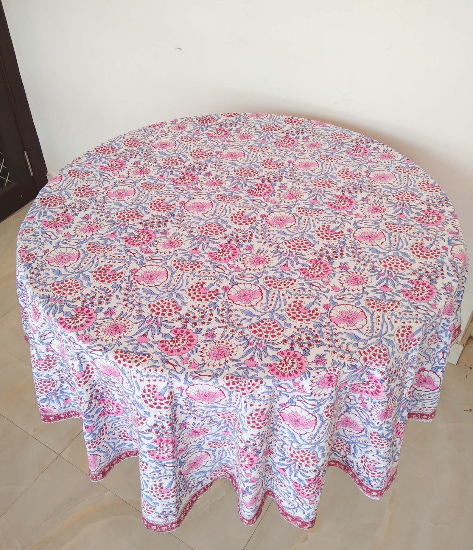 Pink Block Print Tablecloth, Floral Design Table Cloth, Cotton Table ...