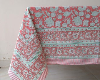 Red Floral Block Print Tablecloth, Handmade Cotton Table Cover