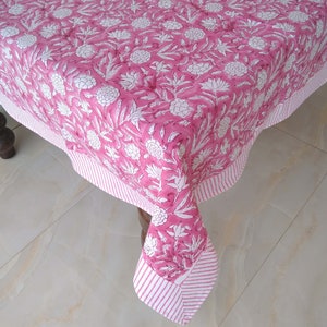 Cubierta de mantel floral rosa, mantel con estampado de bloques de mano, ropa de mesa india, mantel de comedor, decoración de granja, ropa de mesa elegante