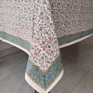 Blue And Green Block Print Tablecloth, Floral Design Table Cloth, Handmade Cotton Tablecloth, Dinning Tablecloth, Rectangle Tablecloth