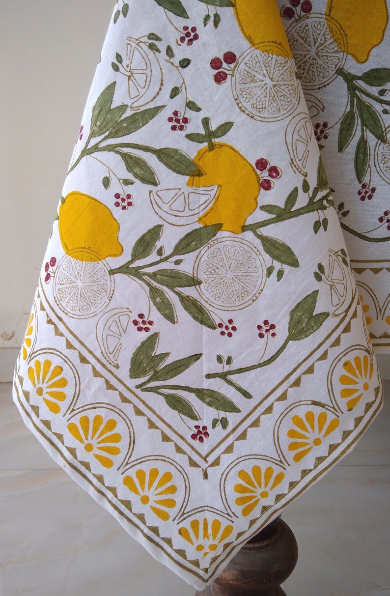 Lemon And Green Leaf Table Cloth, Block Print Table Cover, Indian Table Linen, Dinning Tablecloth, Rectangle Tablecloth, Gift For New Home image 4