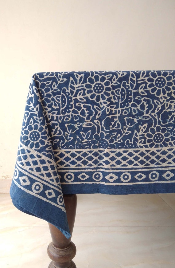 Indigo Blue Block Print Tablecloth Floral Cotton Table Cover | Etsy