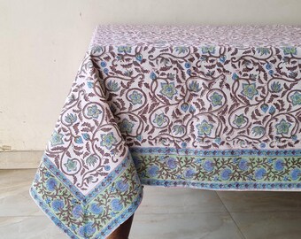 Mantel floral indio con estampado a mano en azul cielo, verde azulado y verde, mantel de algodón, mantel de comedor, mantel para bodas francesas.