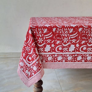 Red Christmas Tablecloth, Indian Block Print Table Cover, Floral Table Cloth, Cotton Table Linen, Elegant Table Decor, Housewarming Gift