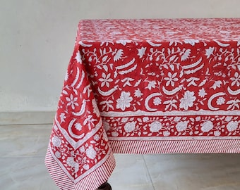 Red Christmas Tablecloth, Indian Block Print Table Cover, Floral Table Cloth, Cotton Table Linen, Elegant Table Decor, Housewarming Gift