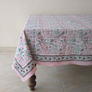 Turquoise and Maroon Floral Indian Hand Block Printed Cotton Tablecloth Cover, French Table Cloth, Dinning Table Linen, Gift For New Home,