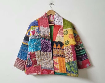 Cappotto Kantha indiano, Giacca Kantha Patchwork, Giacca Saree in cotone fatta a mano, Giacca corta da donna, Giacca trapuntata, Cappotto invernale, Regalo per la mamma