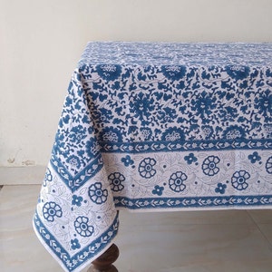 Blue Floral Tablecloth, Indian Hand Block Printed Cotton Table Cloth, Dinning Table Cover, Farmhouse Party Wedding Home Housewarming Gift