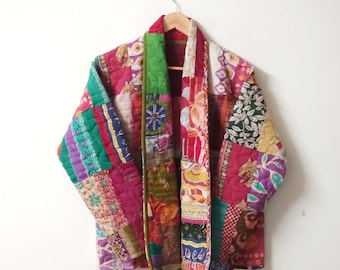 Patchwork Kantha Coat, Handmade Cotton Kantha Jacket, Vintage Kantha Short Jacket, Quilted Jacket, Front Open Jacket, Reversible Kantha Coat