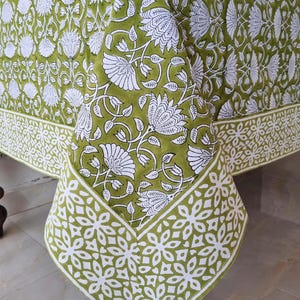 Moss Green and White Floral Table Cloth, Indian Block Print Cotton Tablecloth, Dining Table Cover, Farmhouse Wedding Housewarming Gift