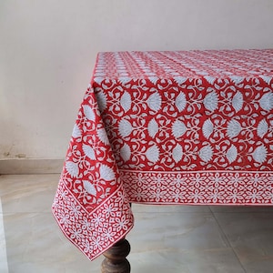 Christmas Tablecloth, Handmade Floral Block Print Table Cover, Cotton Table Linen, Dinning Tablecloth, French Table Cloth, Housewarming Gift