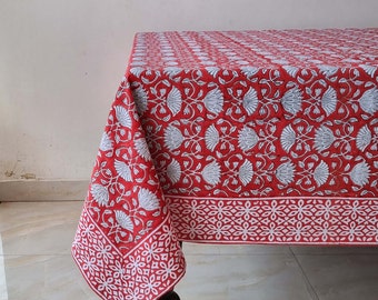 Christmas Tablecloth, Handmade Floral Block Print Table Cover, Cotton Table Linen, Dinning Tablecloth, French Table Cloth, Housewarming Gift