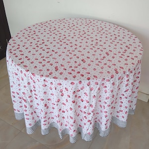 Strawberry Block Print Round Table Cloth, Indian Table Cloth, Circle Tablecloth, Tablecloth Napkin Set, Dinning Tablecloth, Party Tablecloth