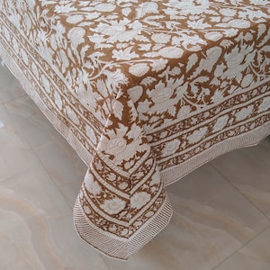 Tafelkleed blokprint, katoenen tafelkleed bloemen, Indiaas tafellinnen, Frans tafelkleed, bruiloft tafelkleed, bruin tafelkleed, cadeau voor moeder