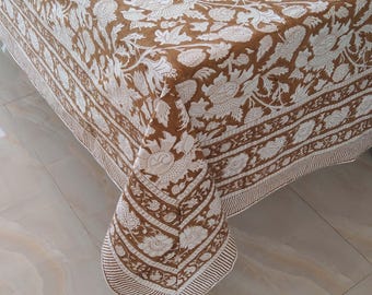 Tovaglia stampata a blocchi, tovaglia floreale in cotone, tovaglia indiana, tovaglia francese, tovaglia da matrimonio, tovaglia marrone, regalo per la mamma