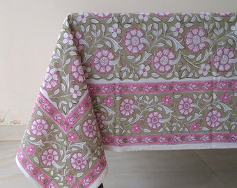Pink And Green Floral Table Cloth, Block Print Tablecloth, Cotton Table Linen, Kitchen Table Cover, Outdoor Party Table Elegant Decor