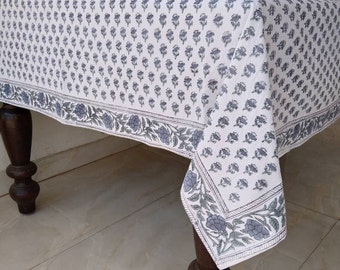 Indigo Blue Block Print Tablecloth, Floral Design Tablecloth, Home Stead Tablecloth, Handmade Table Cover, Table Linen, Rectangle Tablecloth