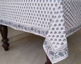 Indigo Floral Block Print Tablecloth, Handmade Cotton Table Cover