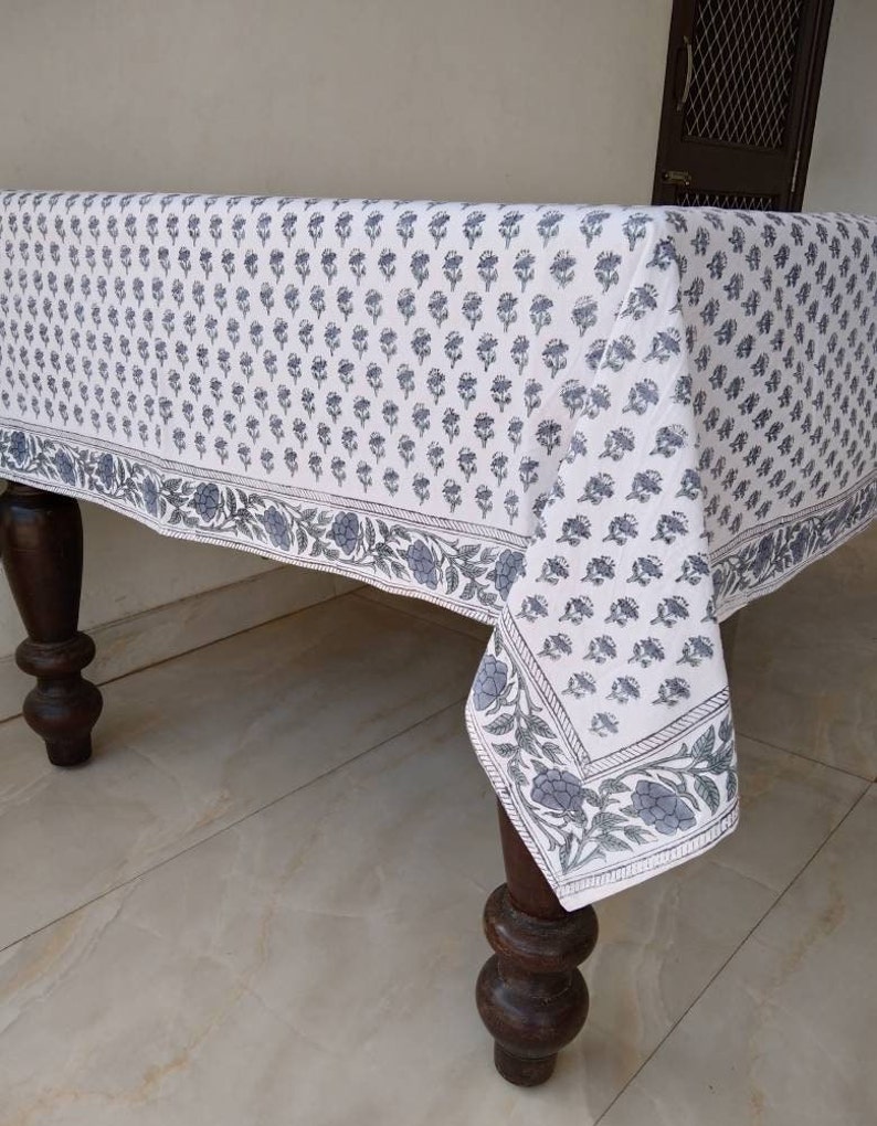 Indigo Blue Block Print Tablecloth Floral Design Tablecloth Etsy