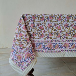 Baby Pink, Olive Green and Blue Tablecloth, Indian Hand Block Printed Cotton Table Cloth, Floral Table Cover, Wedding Decor, Gift For Mom
