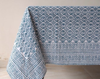 Nappe bleu indigo, nappe en coton à imprimé blocs de main