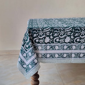 Indian Block Printed Cotton Table Cloth, Dark Green Floral Tablecloth, Handmade Table Linen, French Table Cloth, Wedding Christmas Gift
