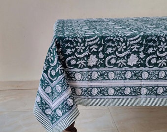 Indische Block Bedruckte Baumwolle Tischdecke, Dunkelgrüne Blumen Tischdecke, Handgemachte Tischwäsche, Französische Tischdecke, Hochzeit Weihnachtsgeschenk