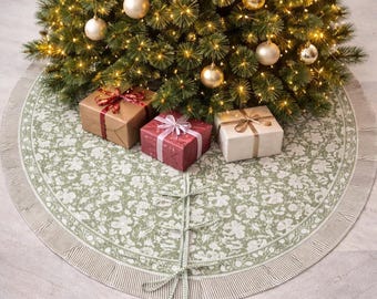 ハンドブロックプリントのナチュラルリネン生地クリスマスツリー