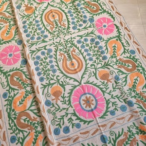 Beautiful Suzani Bedspread, Indian Handmade Cotton Linen Bedsheet, Bohemian Suzani Throw Blanket, Multi Color Suzani Bedcover, Uzbek Suzani