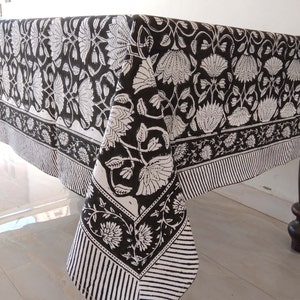 Black Floral Tablecloth, Indian Block Hand Print Table Cloth, Dinning Tablecloth, Farmhouse Wedding Party Tablecloth, Housewarming Gift