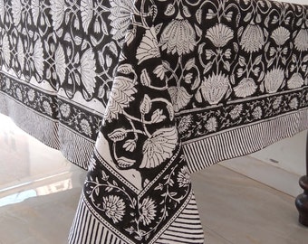 Black Block Print Tablecloth, Handmade Table Cover, Cotton Table Linen, Dinning Tablecloth, Rectangle Tablecloth, Tablecloth For Gift