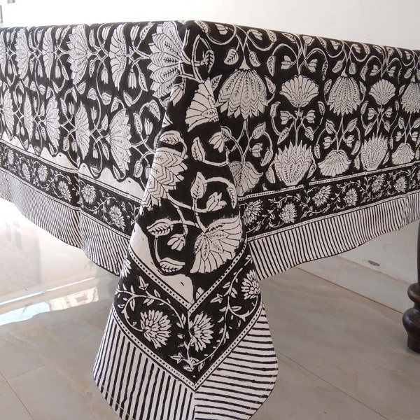 Mantel con estampado de bloques negros, cubierta de mesa hecha a mano, ropa de mesa de algodón, mantel de comedor, mantel rectangular, mantel para regalo