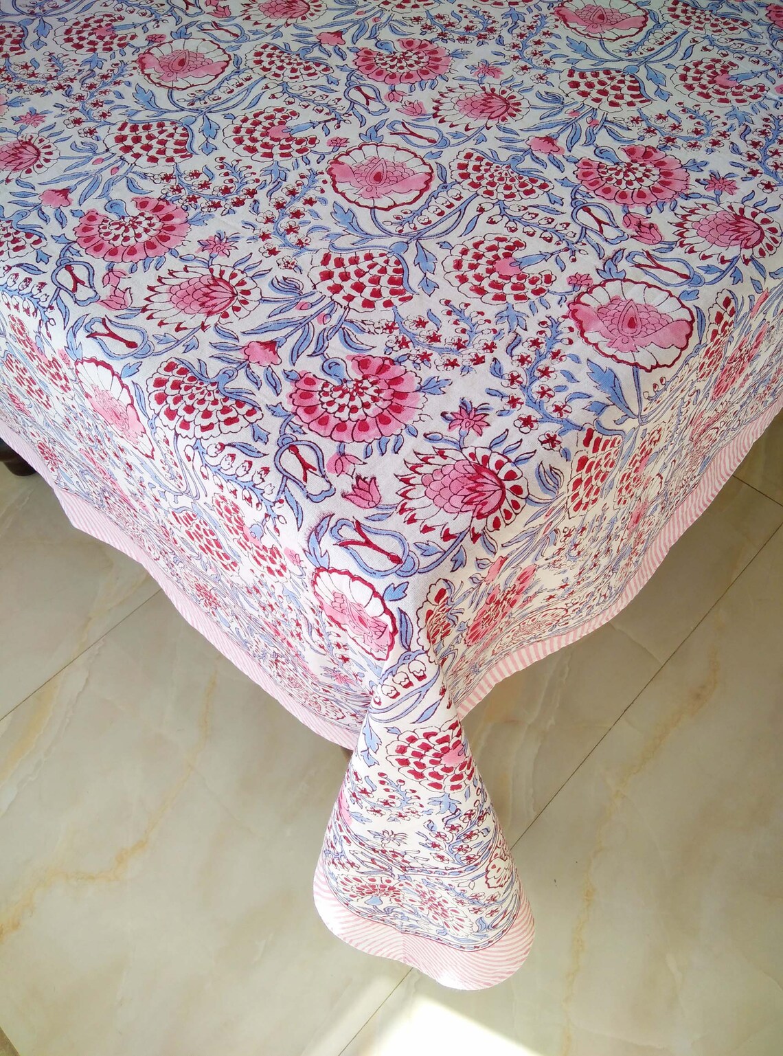 Pink Block Print Tablecloth Floral Design Table Cloth Cotton Etsy
