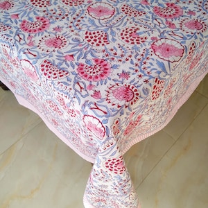 Pink Block Print Tablecloth, Floral Design Table Cloth, Cotton Table Linen, Dinning Table Cover, Rectangle Table Cloth, Tablecloth For Gift