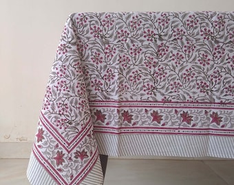 Red Cherry Block Print Tablecloth, Handmade Cotton Table Linen