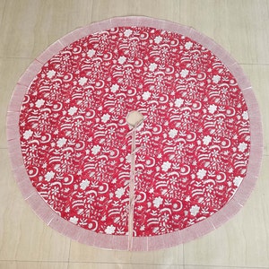 Red Floral Indian Hand Block Printed Cotton Cloth Christmas Tree Skirt, Farmhouse Home Christmas Decor Unique Gift, Xmas Party Tree Skirt