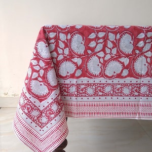 Red Floral Tablecloth, Indian Block Print Table Cover, Handmade Table Linen, Wedding Tablecloth, Rectangle Table Cloth, Christmas Day Gift