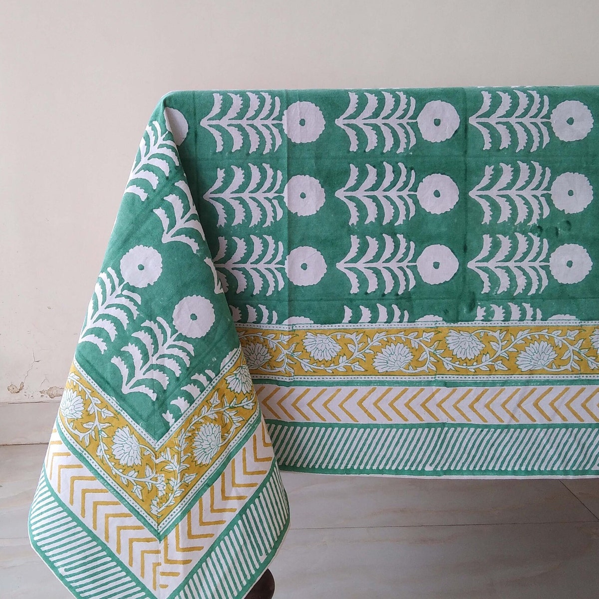 Green Floral Tablecloth, Indian Block Print Table Cloth, Handmade Table Linen, Garden Tablecloth, Rectangle Table Cloth, Housewarming Gift - Etsy