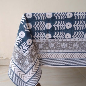 Blue MariGold Table Cloth, Block Print Table Cover, Indian Cotton Table Linen, French Tablecloth, Elegant Table Décor, Gift For Mom