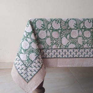 Moss Green Floral Table Cloth, Block Print Table Cover, Cotton Table Linen, Dinning Tablecloth, Party Wedding Thanksgiving Tablecloth