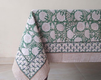 Moss Green Floral Table Cloth, Block Print Table Cover, Cotton Table Linen, Dinning Tablecloth, Party Wedding Thanksgiving Tablecloth