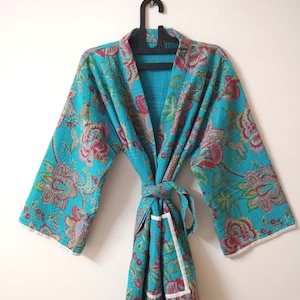 Printed Kantha Kimono, Quilted Kantha Kimono, Handmade Cotton Kimono, Winter Coat, Cotton Bath Robe, Night Wear Dress Kimono, Gift For Mom