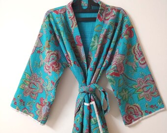 Kimono Kantha stampato, Kimono Kantha trapuntato, Kimono in cotone fatto a mano, Cappotto invernale, Accappatoio in cotone, Kimono da notte, Regalo per la mamma