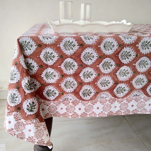 Coral Cotton Table Cloth, Block Print Table Cover, Floral Design Table Linen, Kitchen Tablecloth, Rectangle Table Cloth, Party Table Cover