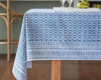 Sapphire Blue Tablecloth, Indian Block Print Table Cover, Cotton Tablecloth, Dinning Table Cover, Wedding Table Cloth, Housewarming Gift