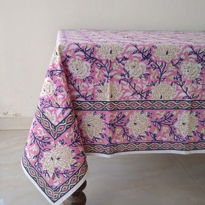 Flamingo Pink And Yellow Tablecloth, Block Print Table Cloth, Handmade Table Linen, Dinning Tablecloth, Floral Tablecloth, Gift For New Home